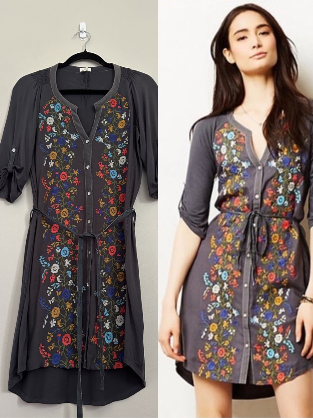 Anthropologie Tiny Embroidered Tunic Dress Small Gray Boho Floral Fairy Grunge